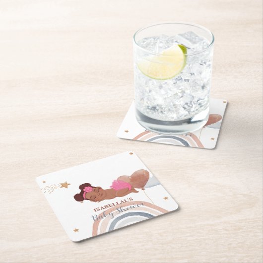 可愛いムーンスターアフリカ系アメリカ人の子供の赤ちゃんシャワー スクエアペーパーコースター (インサイチュ)