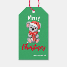 可愛いメリークリスマスコアラサンタ赤と緑 ギフトタグ