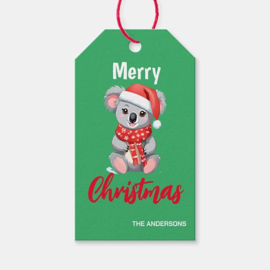 可愛いメリークリスマスコアラサンタ赤と緑 ギフトタグ (正面)
