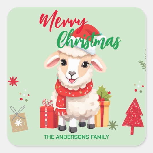 可愛いメリークリスマスシープラムサンタスカーフ スクエアシール (正面)
