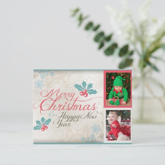 可愛いメリークリスマスツインベビーフォトホリデー シーズンポストカード (スタンド正面)