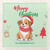 可愛いメリークリスマスパピーサンタスカーフの休日 ガラスコースター (正面)