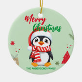 可愛いメリークリスマスペンギンサンタスカーフの休日 セラミックオーナメント (正面)