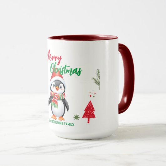 可愛いメリークリスマスペンギンサンタスカーフの休日 マグカップ (正面右)