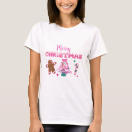 可愛いメリークリスマス+ジンジャーブレッド+キャンディデザイン Tシャツ