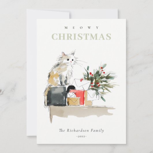 可愛いモダンお水の色メオウィクリスマスプレゼント猫 シーズンカード (正面)
