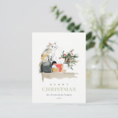 可愛いモダンお水の色メオウィクリスマスプレゼント猫 シーズンポストカード (スタンド正面)