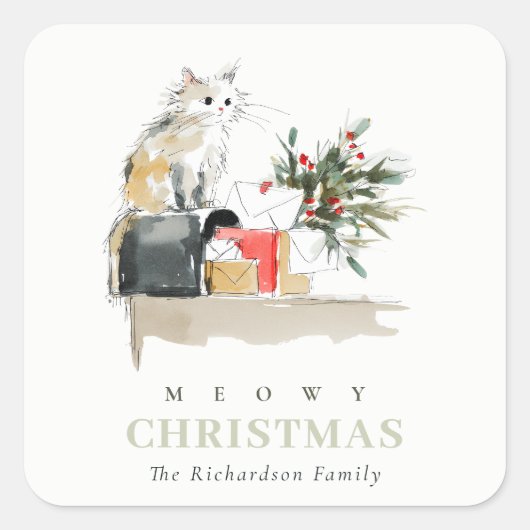 可愛いモダンお水の色メオウィクリスマスプレゼント猫 スクエアシール (正面)