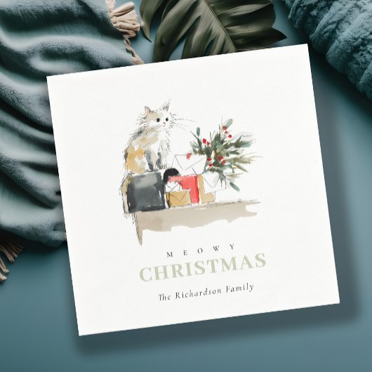 可愛いモダンお水の色メオウィクリスマスプレゼント猫 スタンダードカクテルナプキン