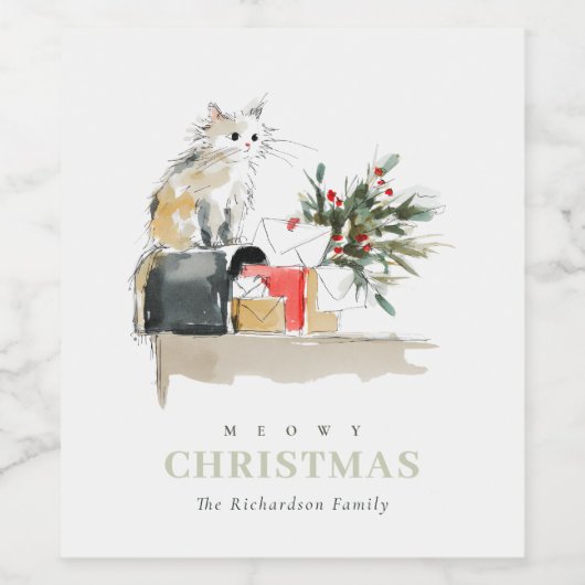 可愛いモダンお水の色メオウィクリスマスプレゼント猫 ワインラベル (シングルラベル)