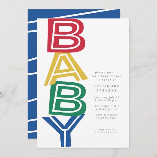 可愛いモダンはっきりした初色の赤ちゃんシャワー 招待状 (正面/裏面)