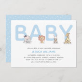 可愛いモダンアニマルブルー男の子の赤ちゃんシャワー 招待状 (正面/裏面)