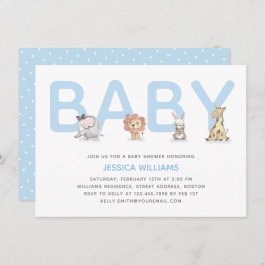 可愛いモダンアニマルブルー男の子の赤ちゃんシャワー 招待状 (正面/裏面)