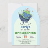 可愛いモダンアースデイブルーホエールバースデーパーティー 招待状 (正面)