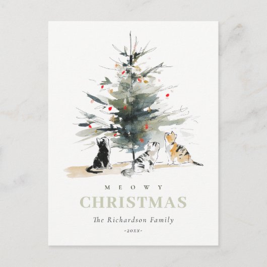 可愛いモダンウオイのクリスマスツリー猫 シーズンポストカード (正面)