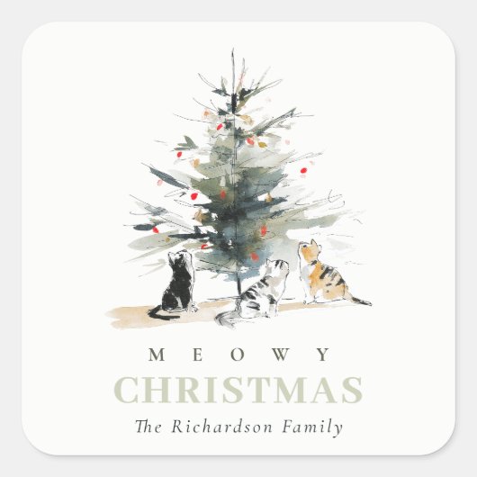 可愛いモダンウオイのクリスマスツリー猫 スクエアシール (正面)