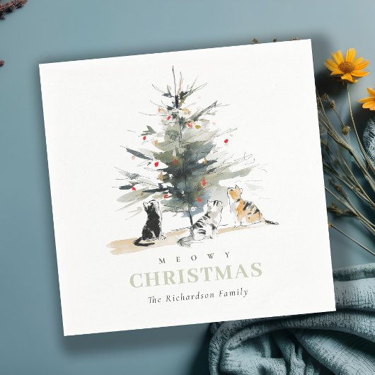 可愛いモダンウオイのクリスマスツリー猫 スタンダードカクテルナプキン