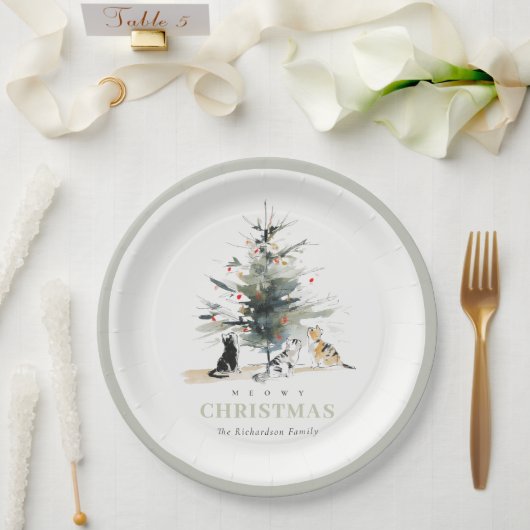 可愛いモダンウオイのクリスマスツリー猫 ペーパープレート (ウェディング)