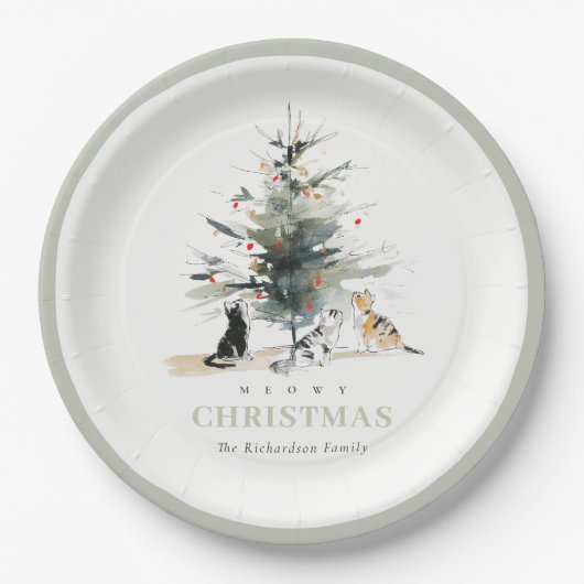 可愛いモダンウオイのクリスマスツリー猫 ペーパープレート (正面)