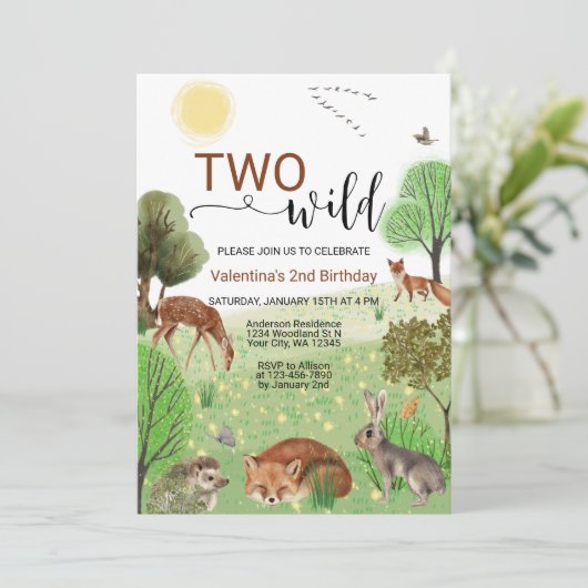 可愛いモダンウッドランドの動物たち野生の2歳の誕生日 招待状 (スタンド正面)