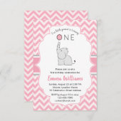 可愛いモダンガールピンクグレーエレファント1歳の誕生日 招待状 (正面/裏面)