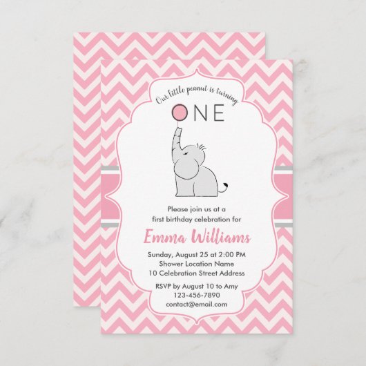 可愛いモダンガールピンクグレーエレファント1歳の誕生日 招待状 (正面/裏面)