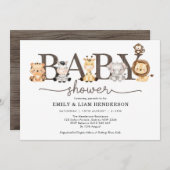 可愛いモダンジャングルサファリ野生動物ベビーシャワー 招待状 (正面/裏面)