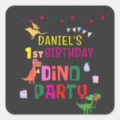 可愛いモダンディノ恐竜キッズバースデーパーティー スクエアシール (正面)