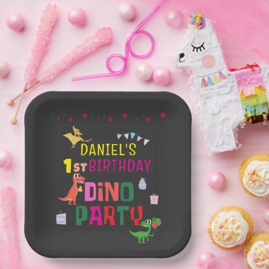 可愛いモダンディノ恐竜キッズバースデーパーティー ペーパープレート (パーティー)