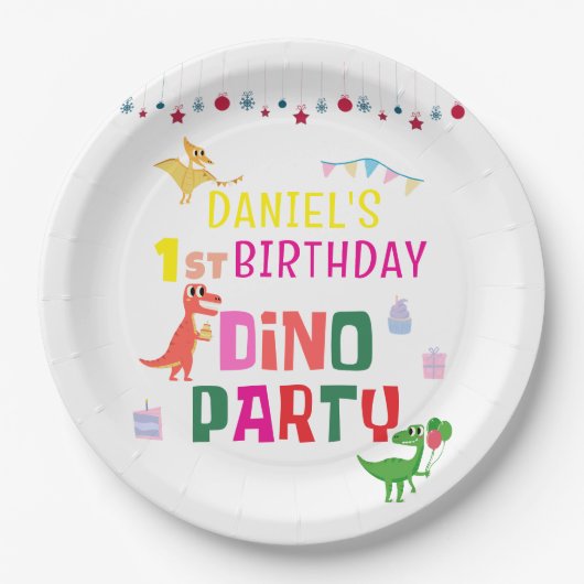 可愛いモダンディノ恐竜キッズバースデーパーティー ペーパープレート (正面)