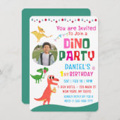 可愛いモダンディノ恐竜キッズバースデーパーティー 招待状 (正面/裏面)