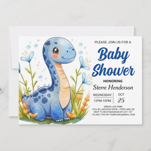可愛いモダンデジタル恐竜の男の子の赤ちゃんシャワー 招待状 (正面)