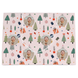 可愛いモダンピンクおもしろいのクリスマスフォト ラージペーパーバッグ