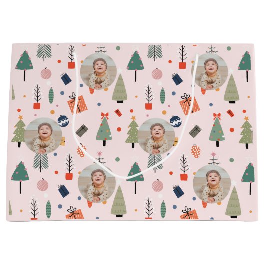 可愛いモダンピンクおもしろいのクリスマスフォト ラージペーパーバッグ (正面)