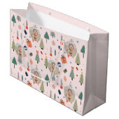 可愛いモダンピンクおもしろいのクリスマスフォト ラージペーパーバッグ (正面アングル)