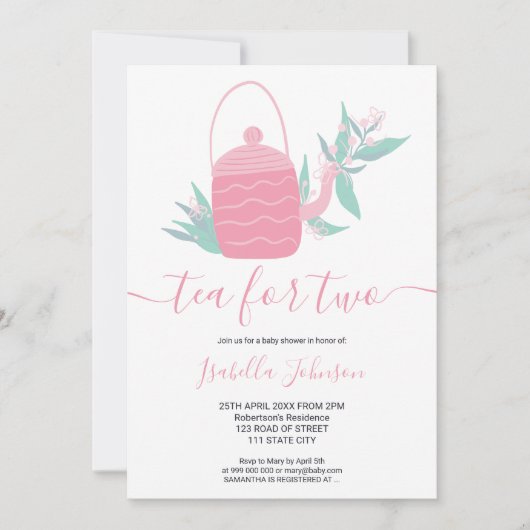 可愛いモダンピンクのフローラ茶で2つの赤ちゃんシャワー 招待状 (正面)
