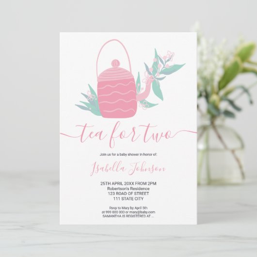 可愛いモダンピンクのフローラ茶で2つの赤ちゃんシャワー 招待状 (スタンド正面)