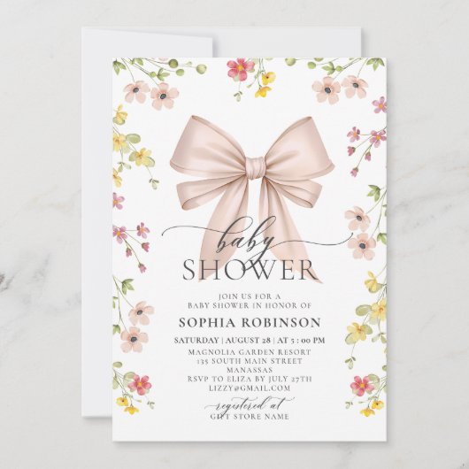 可愛いモダンピンクの弓ワイルドフラワーガール赤ちゃんシャワー 招待状 (正面)