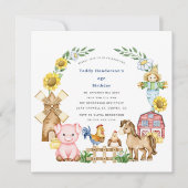 可愛いモダンファーミヤード子供の誕生日 招待状 (正面)