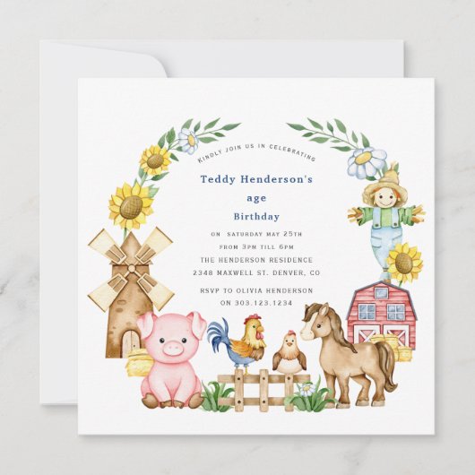 可愛いモダンファーミヤード子供の誕生日 招待状 (正面)