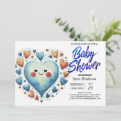 可愛いモダンブルーハート水彩少年ベイビーシャワー 招待状 (スタンド正面)