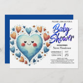 可愛いモダンブルーハート水彩少年ベイビーシャワー 招待状 (正面/裏面)