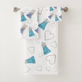 可愛いモダンブルーフローラ水彩画 バスタオルセット