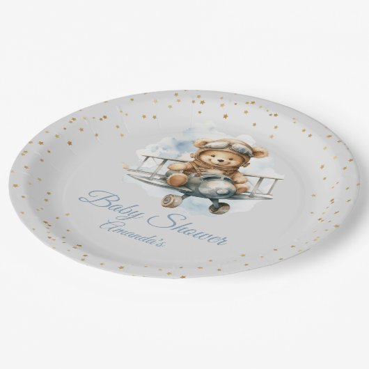 可愛いモダンボホブルーテディベア男の子の赤ちゃんシャワー ペーパープレート (アングル)