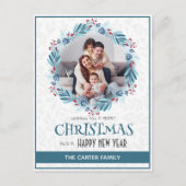 可愛いモダンミスタントブルーのクリスマスリース写真 シーズンポストカード (正面)