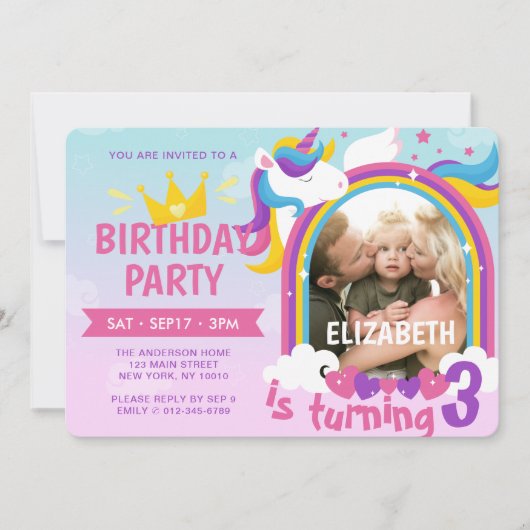 可愛いモダンレインボーユニコーン写真誕生日 招待状 (正面)