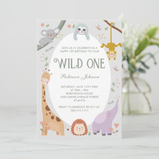 可愛いモダンワイルドワンサファリ動物誕生日写真 招待状 (スタンド正面)