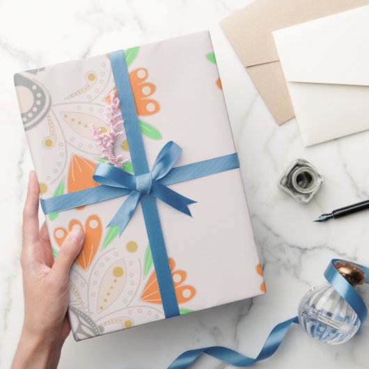 可愛いモダンヴィンテージピンクの鳥フローラ水色 ラッピングペーパー (ギフト)