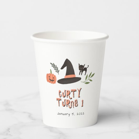 可愛いモダン不気味なハロウィーン第1誕生日オレンジ 紙コップ (裏面)