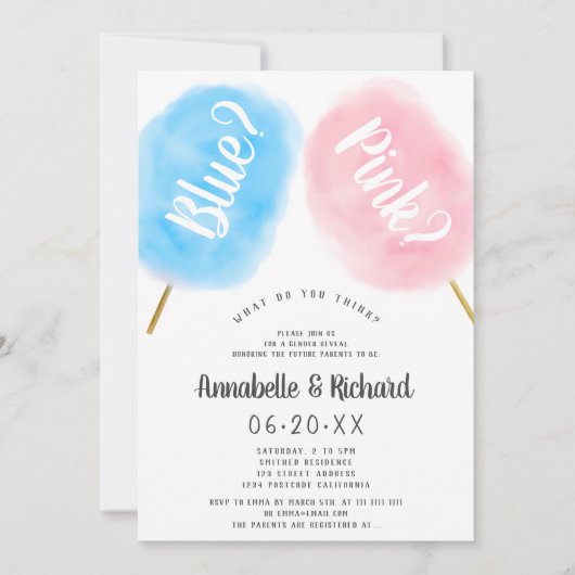 可愛いモダン性分が青いピンクの綿キャンディを明かす 招待状 (正面)